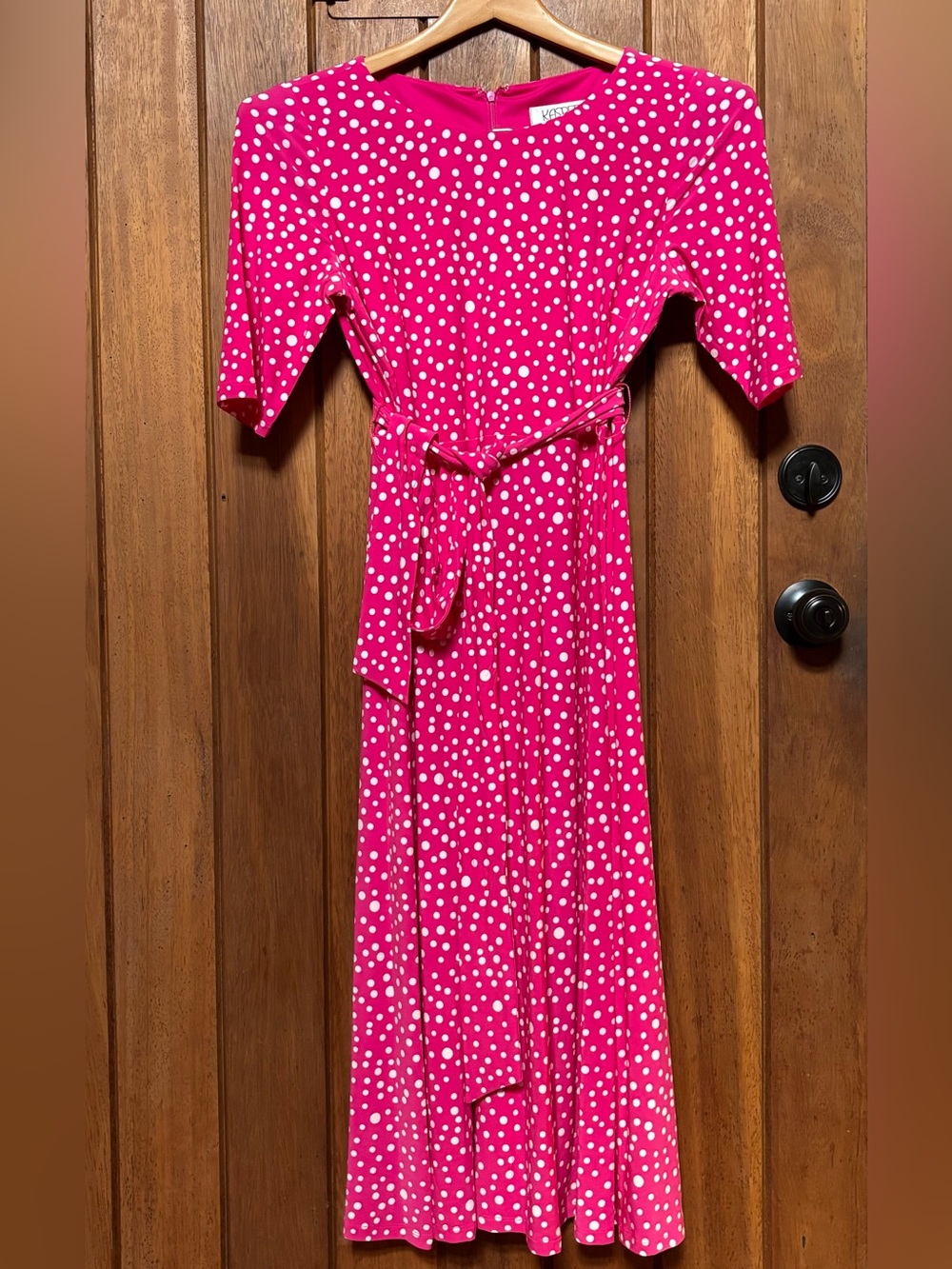 Kasper Fuchsia and White Polka Dot Midi Dress With Tie Waist
